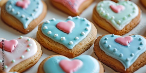 Close-up of heart-shaped cookies decorated with icing, ideal for Valentine's baking