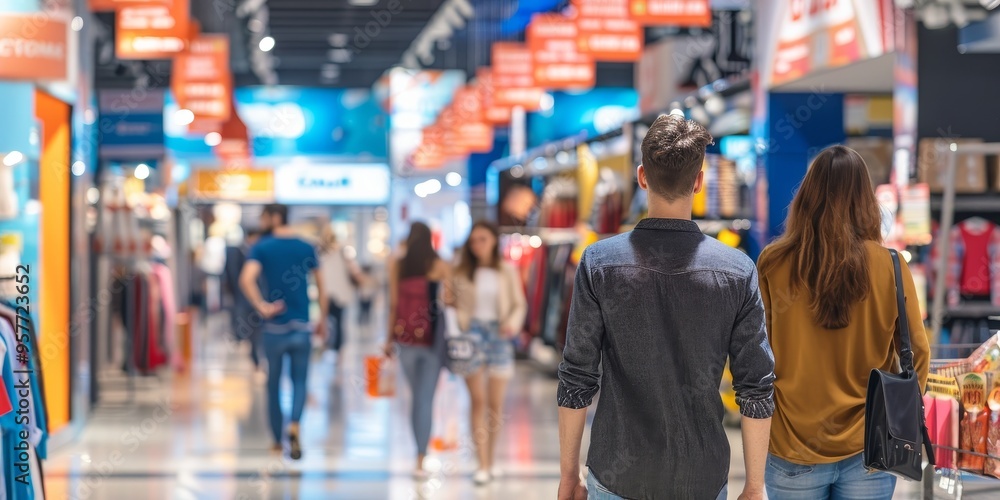 Fototapeta premium A retail sales promotion with discount signs and banners, encouraging customers to make purchases