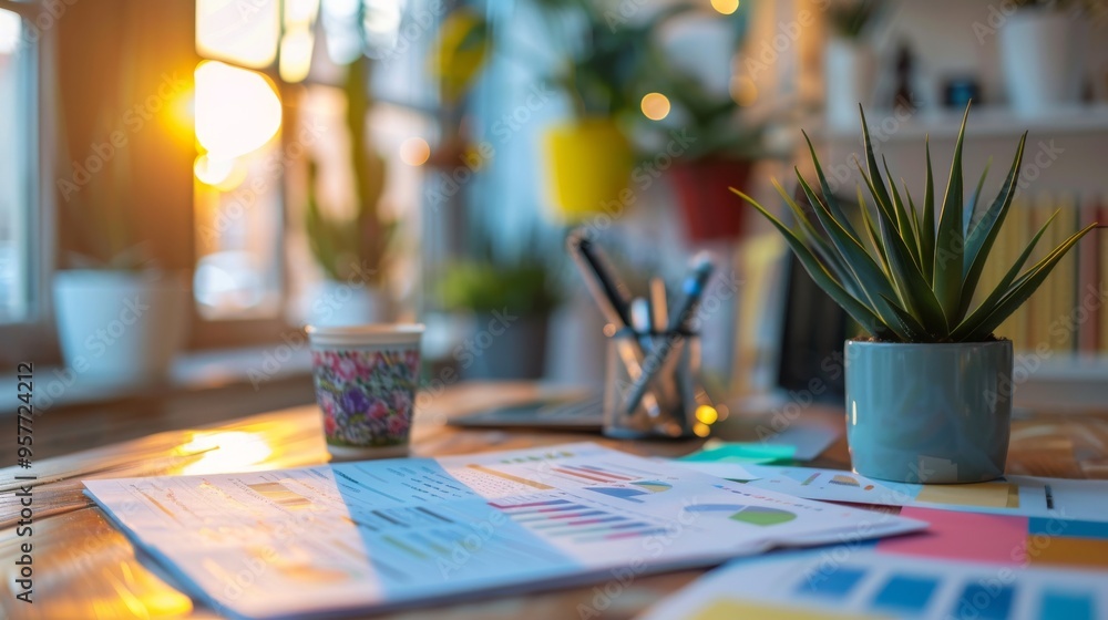A Cozy Creative Workspace Bathed in Warm Light and Refreshing Greenery for Productive Days A Cozy Creative Workspace Bathed in Warm Light and Refreshing Greenery for Productive Days