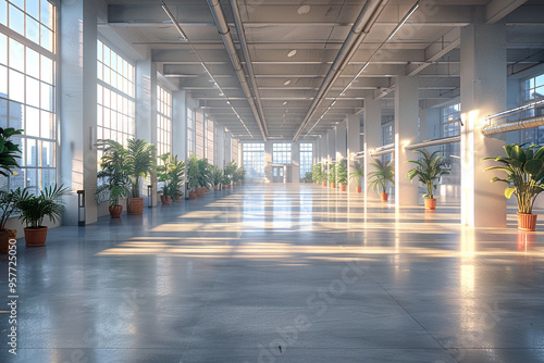 A panoramic 3D visualization of an empty post-industrial office hall captures desolate atmosphere and abandoned nature of space  photo