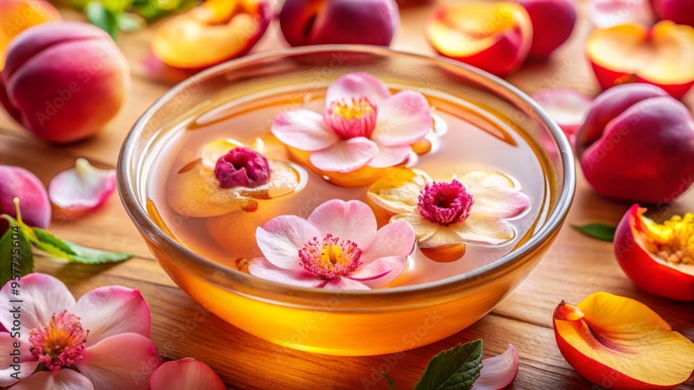 Softly rained upon, delicate flower petals absorb the sweetness of fresh peach juice, releasing a gentle aroma that Softly rained upon, delicate flower petals absorb the sweetness of fresh peach juice, releasing a gentle aroma that