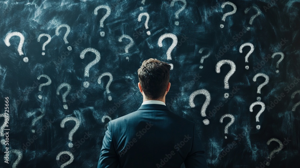 Thoughtful Businessman Facing Dark Blue Board with Question Marks. Solution Search and Doubt Concept Thoughtful Businessman Facing Dark Blue Board with Question Marks. Solution Search and Doubt Concept