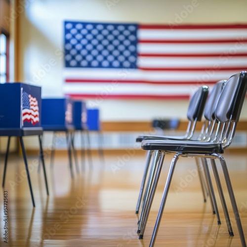 Straight on row of voting booths at polling station photo