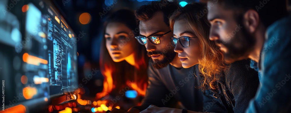 Obraz premium Group of multinational professionals collaborating on digital technology and system engineering projects