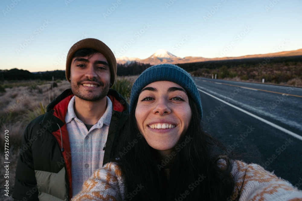 Selfie of a couple visiting New Zealand in winter Selfie of a couple visiting New Zealand in winter