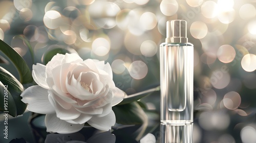 Single white rose & perfume bottle against bokeh lights background. Suitable for romantic or beautythemed designs, cards, or advertisements. White rose and perfume bottle with bokeh lights,  photo