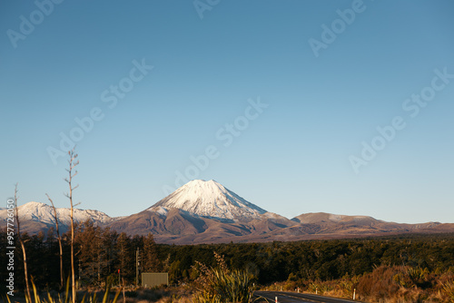 Mount Ngauruhoe covered in snow from the road photo