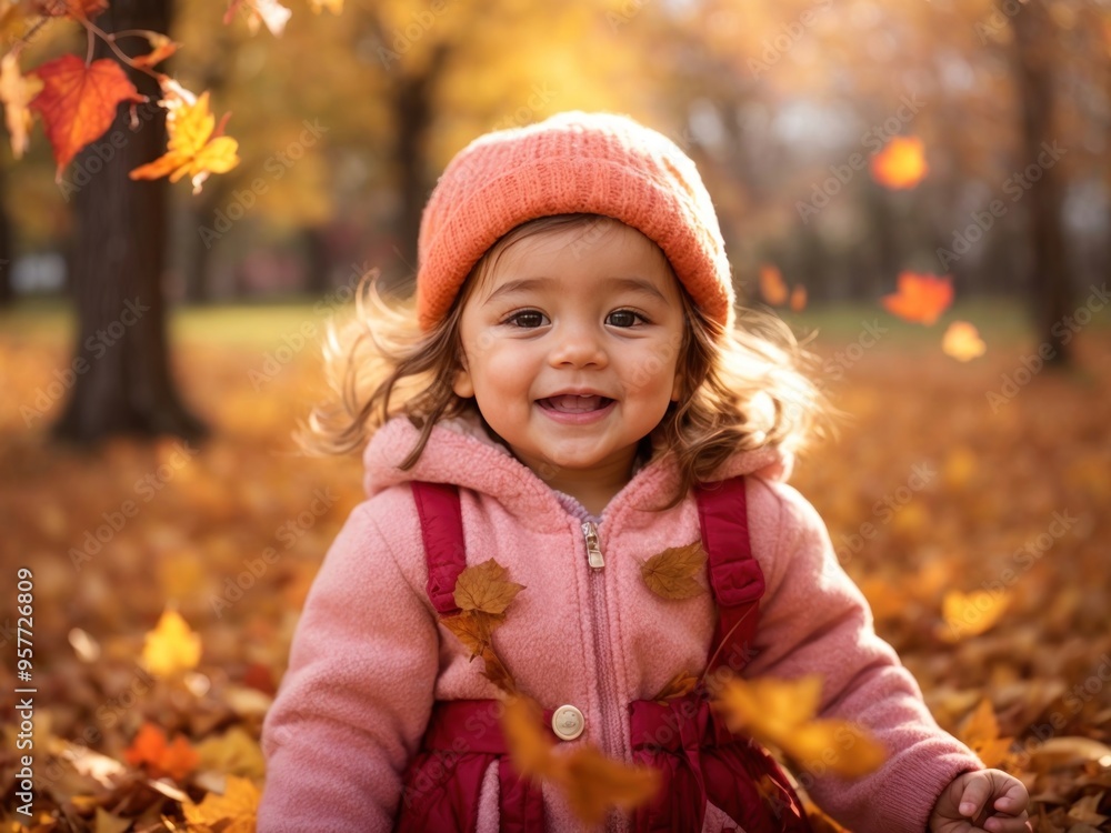 cute happy baby in autumn leaf background cute happy baby in autumn leaf background