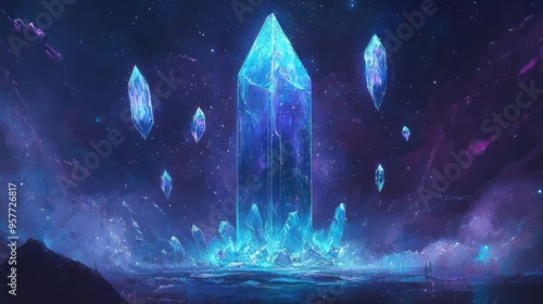 Mystical Crystal Landscape with Glowing Blue and Purple Hues