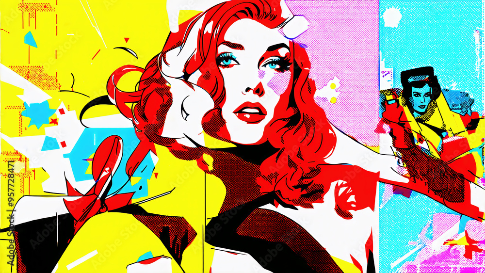 Abstract Pop Art Illustration of a Woman with Red Hair in a Vibrant, Dynamic Composition Abstract Pop Art Illustration of a Woman with Red Hair in a Vibrant, Dynamic Composition