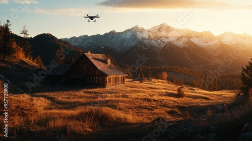 Cabin in the Mountains at Sunset with a Drone