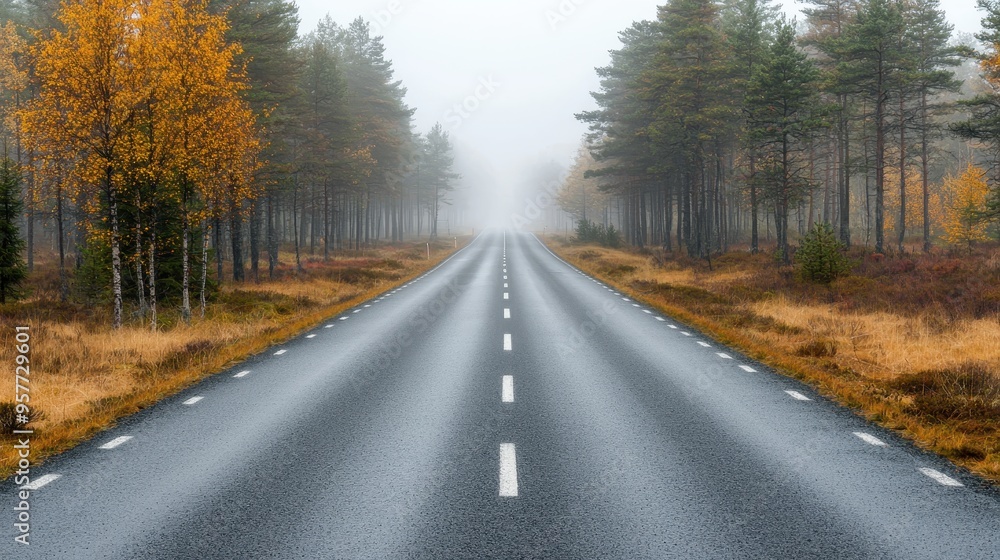 Empty Road Through Foggy Forest in Autumn Empty Road Through Foggy Forest in Autumn