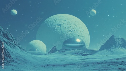 Futuristic Observatory on a Distant Planet with Moons and Stars