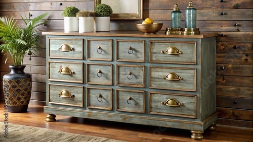 This rustic dresser underwent a significant transformation, featuring a distressed finish, elegant brass accents, and photo