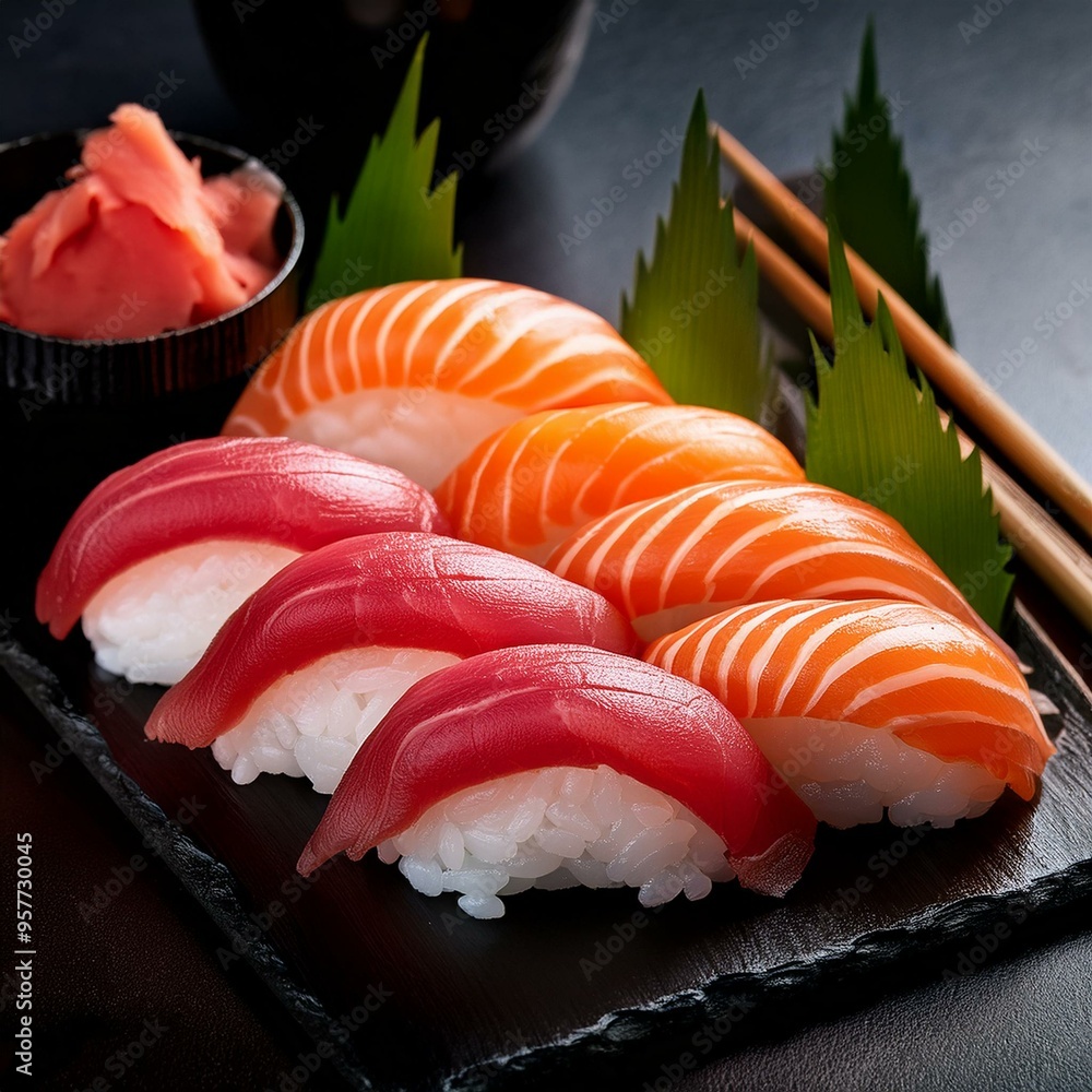 macro salmon nigiri sushi set with chopsticks macro salmon nigiri sushi set with chopsticks