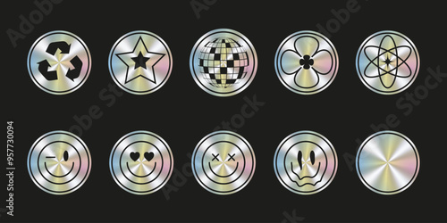 Holographic sticker. Holographic stickers with round shape pattern. Shimmering shiny textured stickers depicting emotions. Isolated vector set
