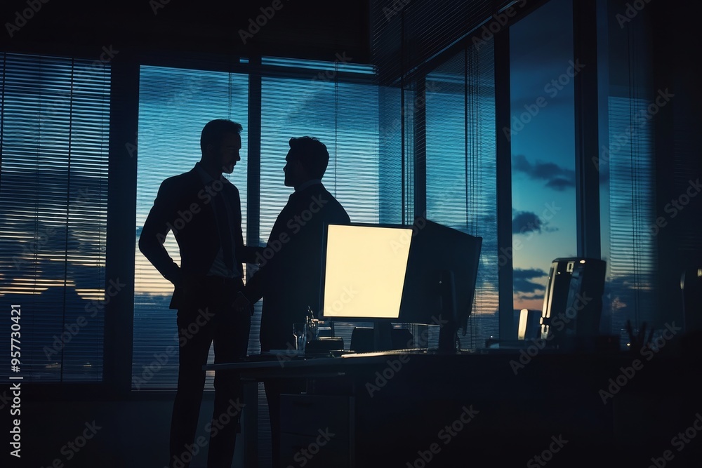 Two Silhouettes of Businessmen Talking in a Modern Office at Dusk Two Silhouettes of Businessmen Talking in a Modern Office at Dusk