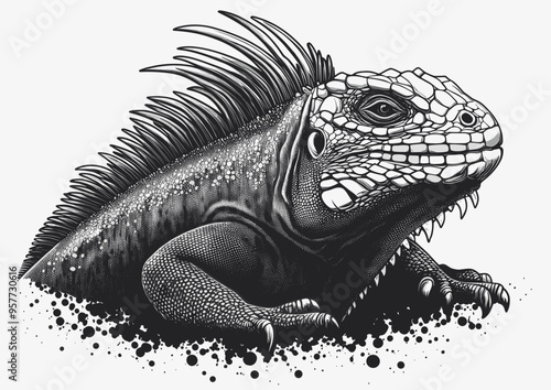 Black and white detailed illustration of an iguana in a fierce pose, highlighting its textured scales, spines, and reptilian features in a realistic design