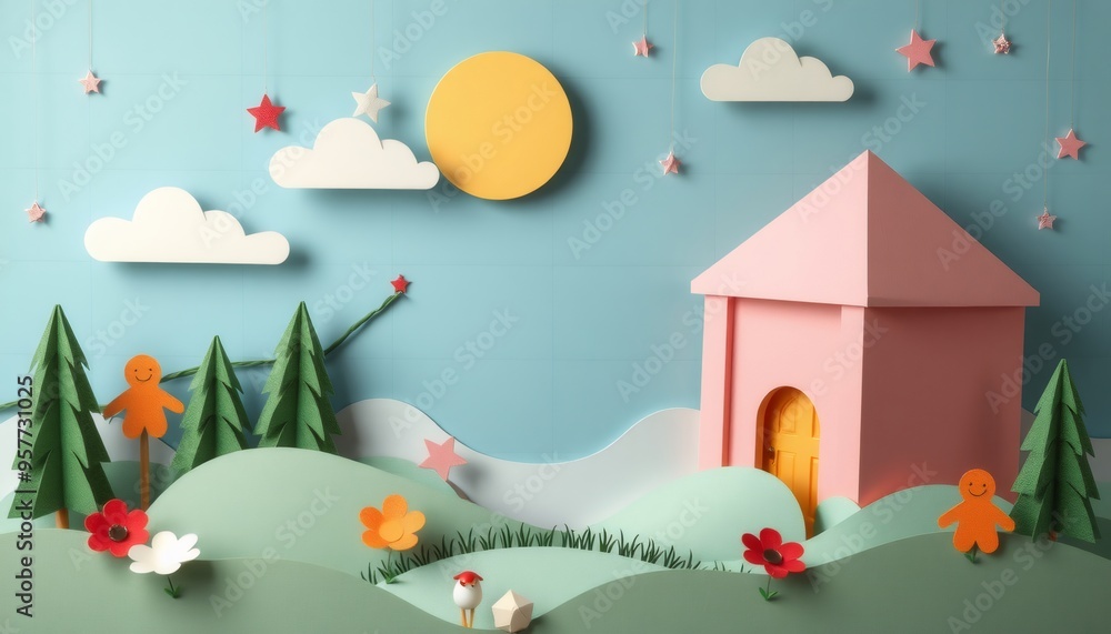 Papercraft landscape with a house, trees, and gingerbread people. Papercraft landscape with a house, trees, and gingerbread people.