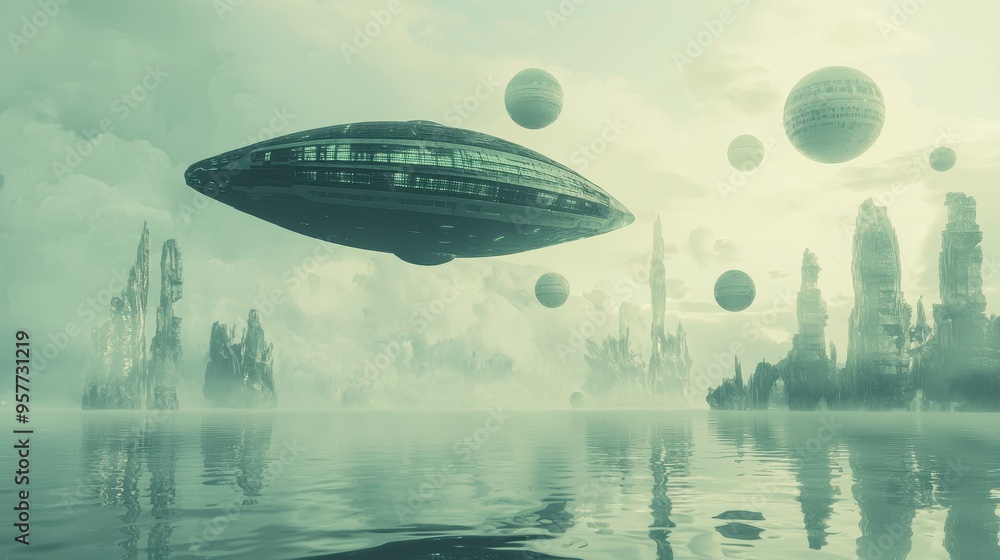 Futuristic Cityscape with Spaceship and Moons Futuristic Cityscape with Spaceship and Moons