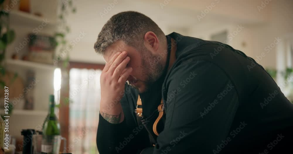 Chef, tired and thinking in kitchen, headache and man with burnout in restaurant, overworked and pain. Business, exhausted and stress of long hours, person and cook with migraine, sad and employee Chef, tired and thinking in kitchen, headache and man with burnout in restaurant, overworked and pain. Business, exhausted and stress of long hours, person and cook with migraine, sad and employee