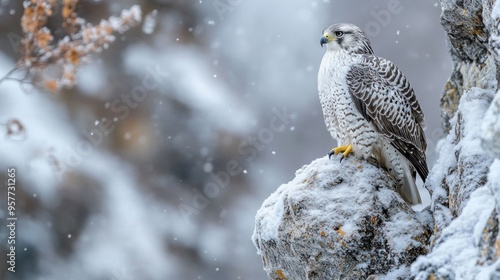 Gyrfalcon Perched on a Snowy Rock