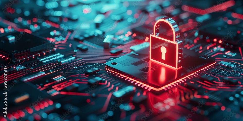 Cyber security concept with digital lock and circuit board, symbolizing data protection and technology security Cyber security concept with digital lock and circuit board, symbolizing data protection and technology security