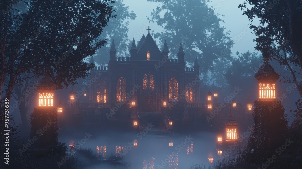 Mysterious Gothic Church in Foggy Forest at Night Mysterious Gothic Church in Foggy Forest at Night