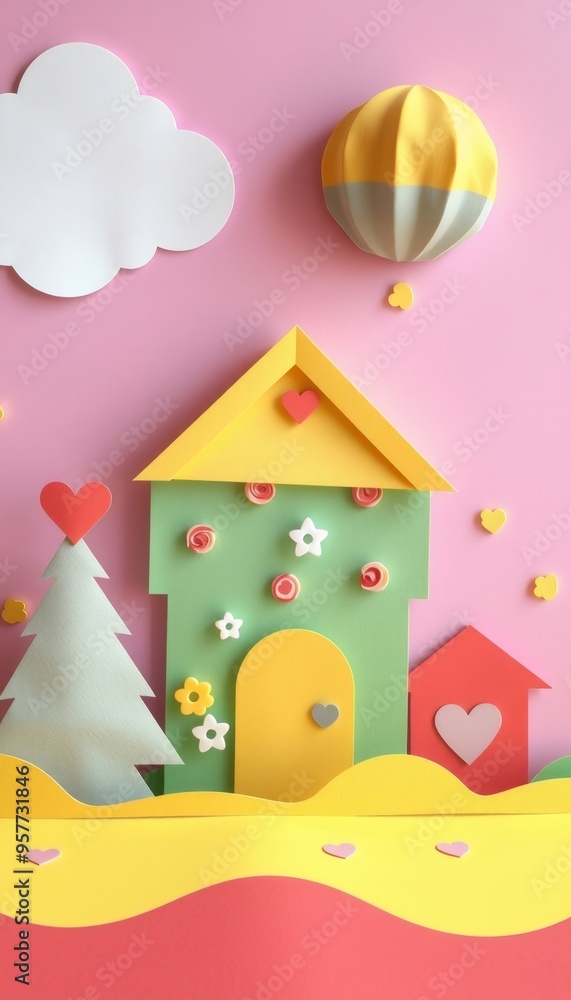 Paper cut-out houses and clouds on a pink background. Paper cut-out houses and clouds on a pink background.