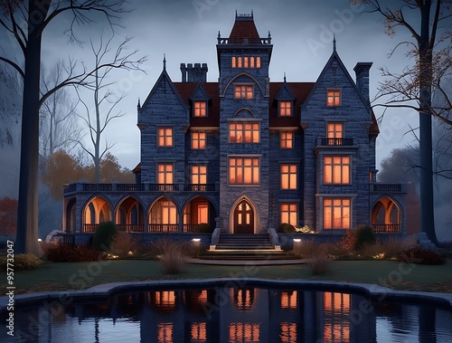 Haunted Gothic Mansion Reflected in Autumnal Forest Lake at Twilight with Eerie Atmosphere and Illuminated Windows 