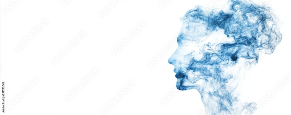Abstract blue smoke forming a human face on a white background, representing creativity, imagination, and fluidity. Abstract blue smoke forming a human face on a white background, representing creativity, imagination, and fluidity.