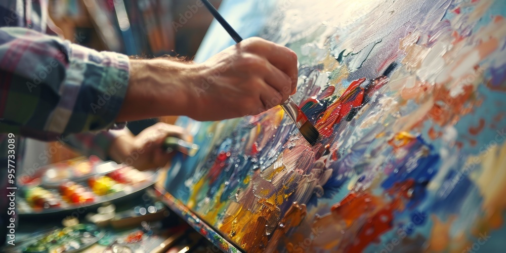 Obraz premium Close-up of a painter creating artwork on a canvas in a studio, focusing on artistic expression and creativity