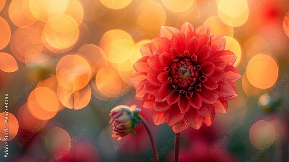 A Single Red Dahlia Flower Blooming in a Field of Bokeh A Single Red Dahlia Flower Blooming in a Field of Bokeh