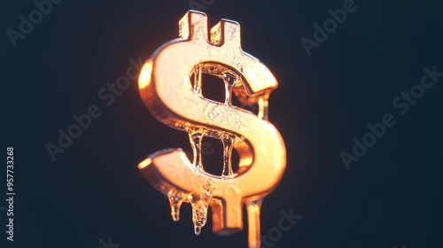 Golden dollar symbol melting, representing financial decline or economic thaw, against dark background in a creative concept. photo