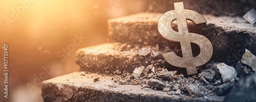 Rising financial success concept with golden dollar sign on broken stone steps, representing economic growth and investment opportunities. photo