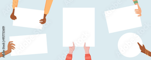 A collection of hands hold blank protest signs. People unite, each holding a placard in solidarity. This demonstration showcases the community strength through collective action.