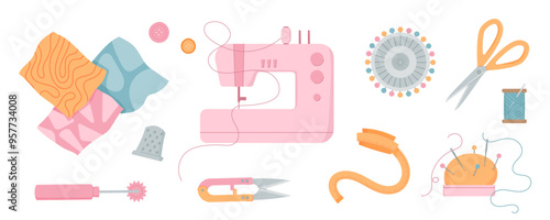 Sewing machine with thread, fabric pieces, scissors, thimble, and pin cushion. Cute illustration of tailor accessories for handmade embroidery projects. Essential tools for sewing and crafts.