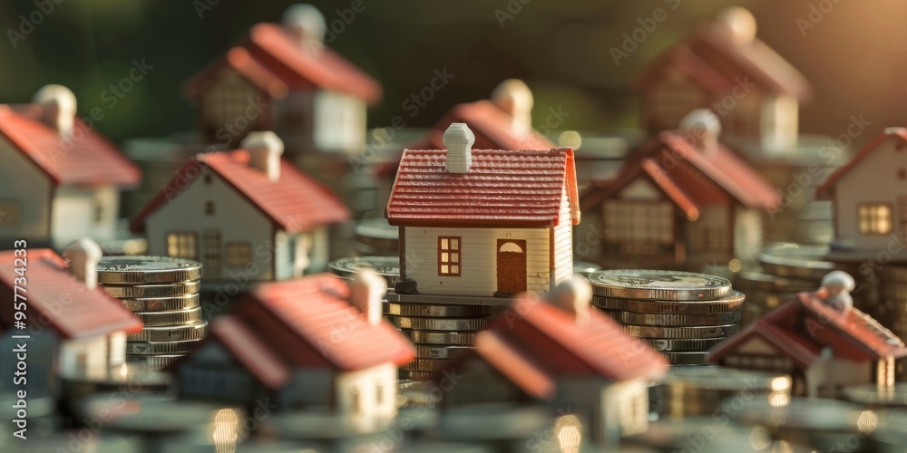 Visual metaphor of property investment with rental properties and real estate market trends Visual metaphor of property investment with rental properties and real estate market trends