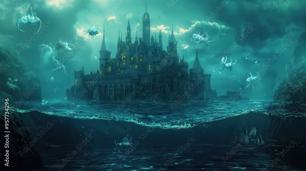 Fototapeta premium Mystical Underwater Castle with Glowing Creatures and Shipwreck