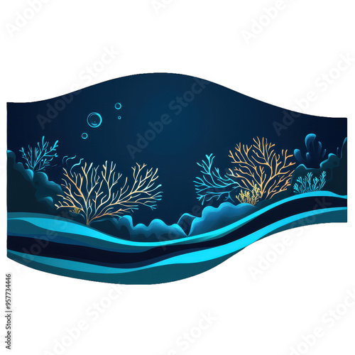 Abstract underwater scene with glowing coral reefs and soft blue waves, highlighting marine life and ocean conservation in a serene design photo