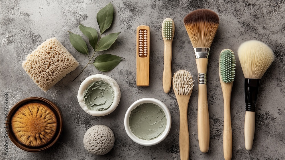 Aesthetic arrangement of natural skincare products and tools on a textured surface for a beauty routine Aesthetic arrangement of natural skincare products and tools on a textured surface for a beauty routine