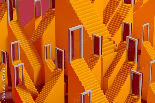 Colorful staircase with open doors leading to another dimension