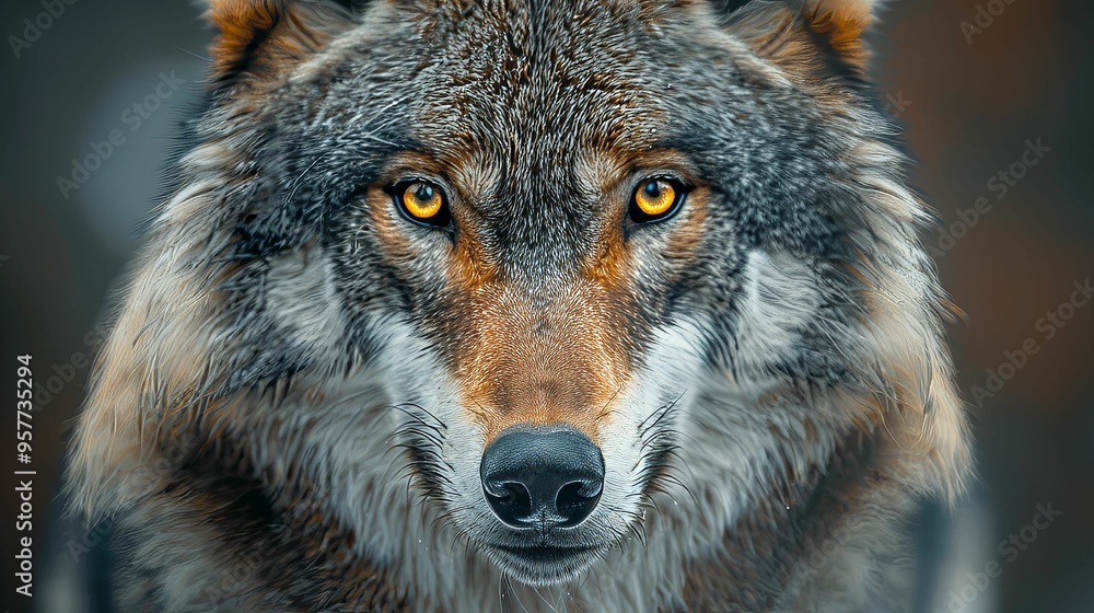 Close-up of a Wolf's Face with Intense Yellow Eyes Close-up of a Wolf's Face with Intense Yellow Eyes