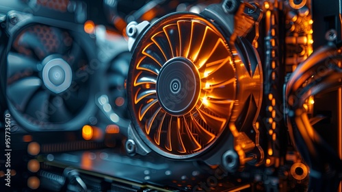 Close-up of a glowing orange computer fan blade