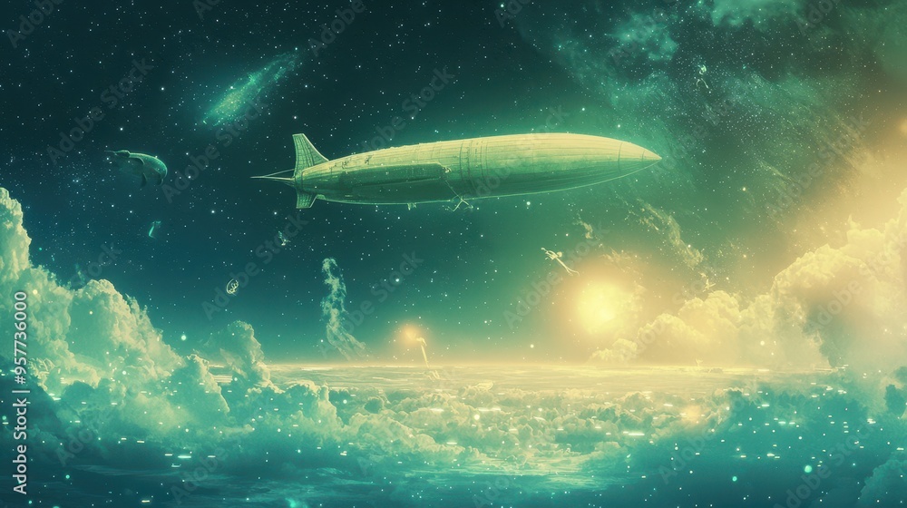 Airship Flying Above Clouds with Stars and a Milky Way Airship Flying Above Clouds with Stars and a Milky Way