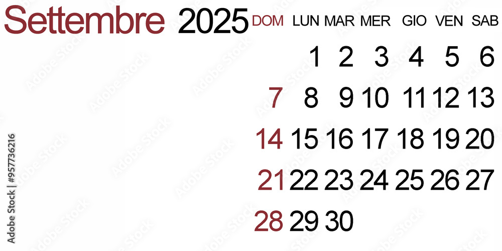 Obraz premium September 2025 calendar on white background. Calendar written in Italian language. Blank space to insert logo, image or text.