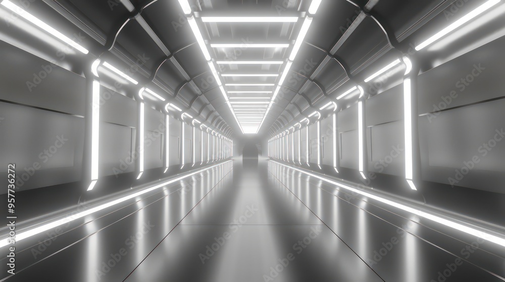 Brightly lit futuristic tunnel with reflective floor. Brightly lit futuristic tunnel with reflective floor.