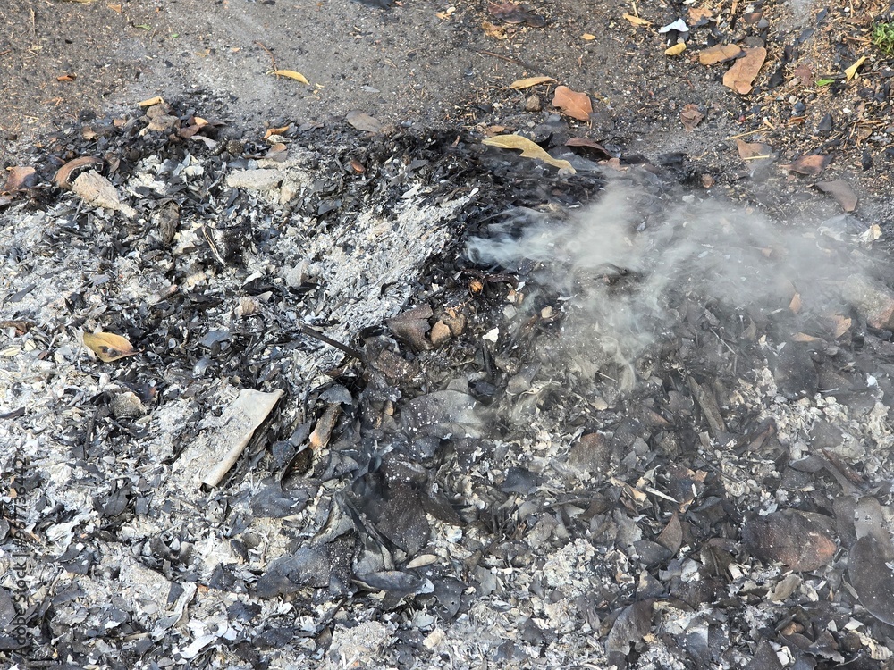 A smoldering pile of ash and charred debris with small wisps of smoke rising, indicating recent burning A smoldering pile of ash and charred debris with small wisps of smoke rising, indicating recent burning