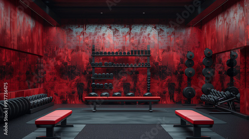 Modern red and black gym interior with weightlifting equipment