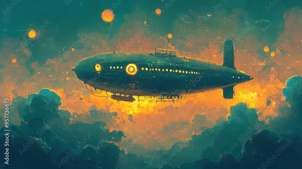 Futuristic Airship Flying Through Dreamy Cloudscape Futuristic Airship Flying Through Dreamy Cloudscape